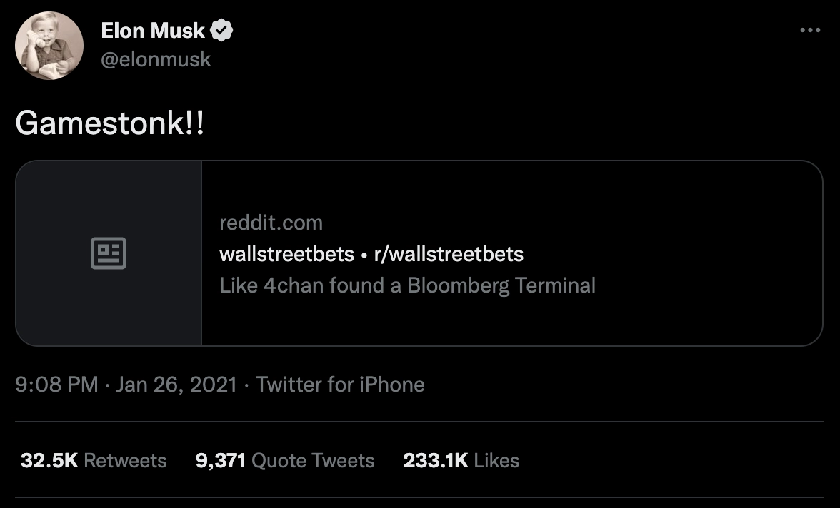 Elon Musk Gamestonk tweet